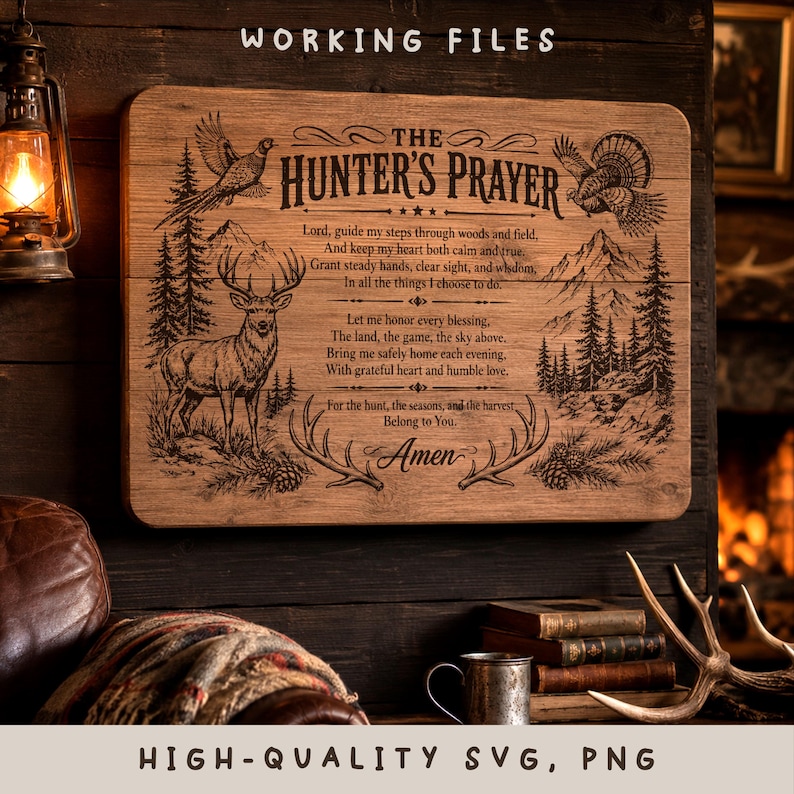 May include: A rectangular wooden sign featuring the engraved text THE HUNTER'S PRAYER, accompanied by illustrations of a deer, a bird, pine trees, and mountains. The design includes decorative flourishes and the word Amen at the bottom.