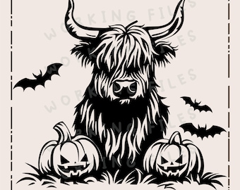 Mucca delle Highlands in formato SVG, Halloween Western in formato PNG, Zucca spettrale, Design a sublimazione, Design con incisione laser, Taglieri in formato SVG, Download digitale