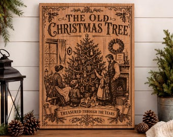 Árbol de Navidad antiguo SVG, Navidad familiar vintage PNG, Archivo de grabado láser navideño nostálgico, Diseño de placa de madera de herencia