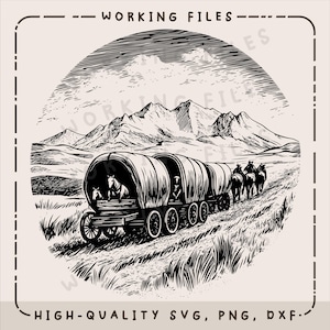 May include: A black and white illustration of a wagon train traveling through a mountainous landscape. The wagon train is made up of covered wagons pulled by horses. The mountains in the background are snow-capped.