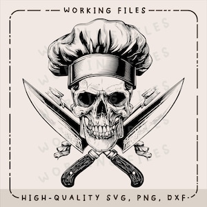 Può includere: Illustrazione in bianco e nero di un teschio con cappello da chef, con coltelli incrociati. L'immagine include il testo "WORKING FILES" in alto e "HIGH-QUALITY SVG, PNG, DXF" in basso.