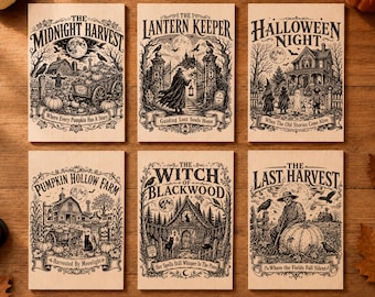 Paquete vintage de Halloween en formato SVG, 10 diseños PNG de escenas de historias espeluznantes, archivos de grabado láser de bruja de granja embrujada, juego de letreros de madera.