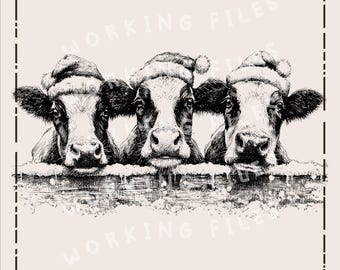 Noël vaches SVG, svg de planches à découper, conception d'animaux de la ferme, fichiers gravés au laser, planche de charcuterie, clipart Noël PNG, téléchargement numérique