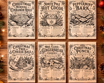 Paquete de recetas navideñas en formato SVG, 10 diseños PNG para cocina navideña, archivos de grabado láser vintage, juego de tablero de recetas navideñas.