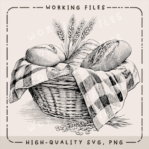 May include: A black and white illustration of a wicker basket filled with various types of bread, including a loaf and rolls. Wheat stalks and grains are also in the basket. The basket is lined with a checkered cloth. Text reads "WORKING FILES" and "HIGH-QUALITY SVG, PNG".