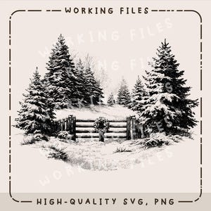 Puede incluir: Ilustración en blanco y negro de un paisaje invernal con árboles cubiertos de nieve, una valla de madera y una corona. El texto "WORKING FILES" y "HIGH-QUALITY SVG, PNG" está presente.