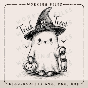 May include: A black and white Halloween illustration of a ghost wearing a witch's hat, with the words "Trick or Treat". The ghost is holding a carved pumpkin and a lantern. Two bats are in the background.