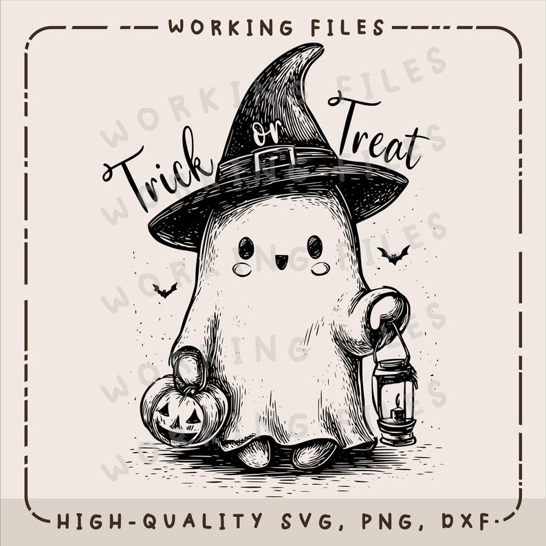 May include: A black and white Halloween illustration of a ghost wearing a witch's hat, with the words "Trick or Treat". The ghost is holding a carved pumpkin and a lantern. Two bats are in the background.