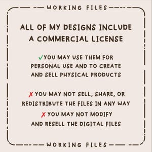 Peut inclure: Un graphique rectangulaire avec une bordure en pointill&eacute;s contenant le texte WORKING FILES en haut et en bas. Le texte indique : ALL OF MY DESIGNS INCLUDE A COMMERCIAL LICENSE. Une coche verte autorise l'usage personnel et commercial.
