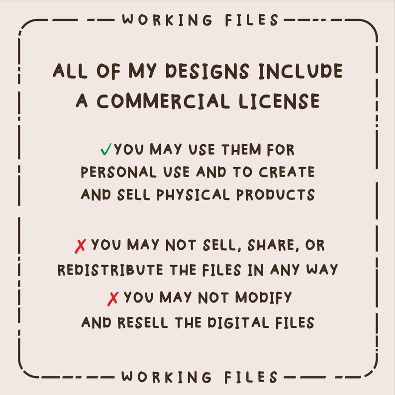 Peut inclure: Un graphique rectangulaire avec une bordure en pointill&eacute;s contenant le texte WORKING FILES en haut et en bas. Le texte indique : ALL OF MY DESIGNS INCLUDE A COMMERCIAL LICENSE. Une coche verte autorise l'usage personnel et commercial.