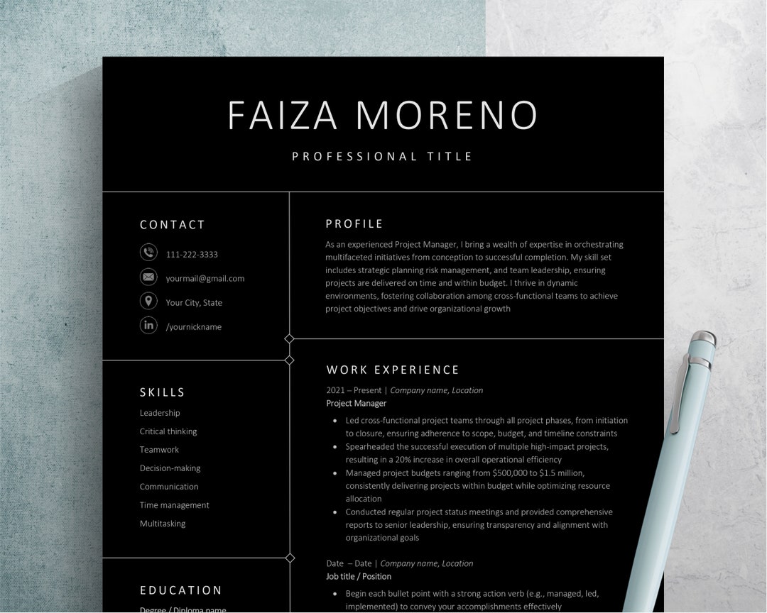 Modern Resume Template for Word & Google Docs Professional - Etsy