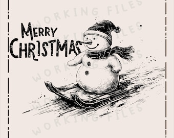 Sledding Snowman SVG, Merry Christmas Cutting Boards, Winter Scene Design, Laser Engraved Files, Charcuterie Board, Clip art PNG, Digital