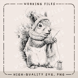 May include: Black and white illustration of a squirrel wearing a knit hat and scarf, knitting with needles and yarn. The image includes the text "WORKING FILES" and "HIGH-QUALITY SVG, PNG".