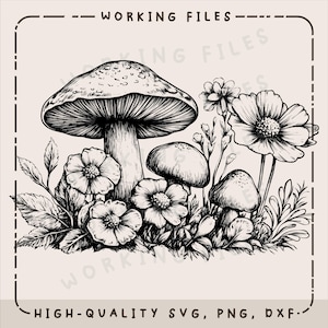 May include: Black and white line art illustration of mushrooms and flowers. The mushrooms have a rounded cap and a stem. The flowers have multiple petals and are in bloom. The image is set against a white background.