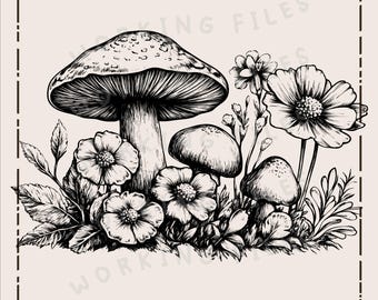 Peut inclure: Illustration en noir et blanc de champignons et de fleurs. Les champignons ont un chapeau arrondi et une tige. Les fleurs ont plusieurs pétales et sont en fleurs. L'image est sur un fond blanc.