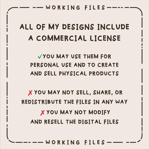 May include: A digital information graphic with a dashed border containing the text: WORKING FILES, ALL OF MY DESIGNS INCLUDE A COMMERCIAL LICENSE, YOU MAY USE THEM FOR PERSONAL USE AND TO CREATE AND SELL PHYSICAL PRODUCTS, YOU MAY NOT SELL, SHARE, OR REDISTRIBUTE THE FILES IN ANY WAY, YOU MAY NOT MODIFY AND RESELL THE DIGITAL FILES.