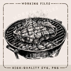 Puede incluir: Ilustración en blanco y negro de un filete en una parrilla. El filete tiene un rayado cruzado y parece estar cocinándose. La parrilla es redonda con un asa a cada lado. Incluye el texto "WORKING FILES" y "HIGH-QUALITY SVG, PNG".