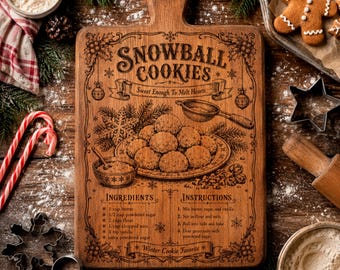 Receta de galletas de bola de nieve SVG, letrero navideño para hornear PNG, archivo de grabado láser para cocina navideña, diseño de tablero de recetas vintage