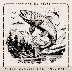 Jumping Trout in Mountain Stream SVG, Fish Vector Design, Fishing SVG, Laser Engraver, Clip art PNG, Cutting Boards, Digital Download