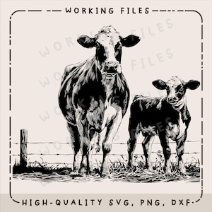 Pode incluir: Ilustração a preto e branco de uma vaca e de um bezerro num campo, com uma cerca de arame farpado ao fundo. A imagem tem o texto "WORKING FILES" no topo e "HIGH-QUALITY SVG, PNG, DXF" na parte inferior.