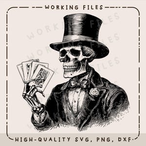 Skeleton Playing Poker SVG, Spooky Halloween Png, Skull Top Hat, Casino Cards Design, Laser Engraving, Cutting Boards Svg, Digital Download
