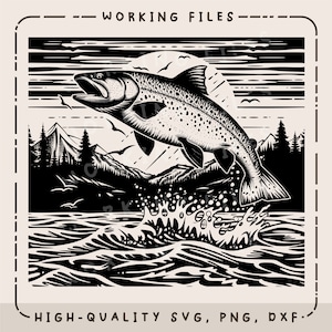 Jumping Trout in Mountain Stream, Fishing SVG, Fish Vector Design, Laser Engraver, Clip art PNG, Cutting Boards, Digital Download