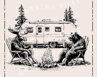 Archivos SVG de Campfire Pals, diseño PNG de RV Camper, imágenes prediseñadas de oso y alce, archivos para grabado láser.