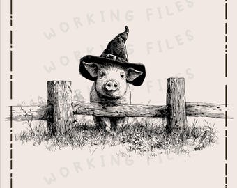 Witch Hat Pig at Fence SVG, Farm Animal Png, Halloween Vector Design, Laser Engraver, Clip art PNG, Cutting Boards Svg, Digital Download
