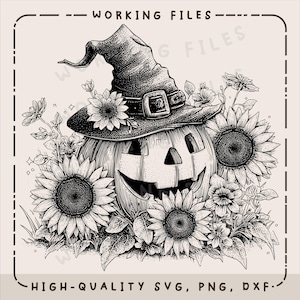 May include: Black and white illustration of a smiling jack-o'-lantern wearing a witch's hat, surrounded by sunflowers and other flowers. The image includes the text "WORKING FILES" and "HIGH-QUALITY SVG, PNG, DXF."