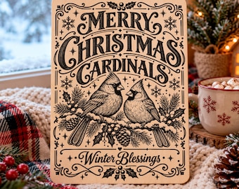 Buon Natale Cardinali SVG, Uccelli invernali PNG, File per incisione laser natalizia, Cartello natalizio rustico