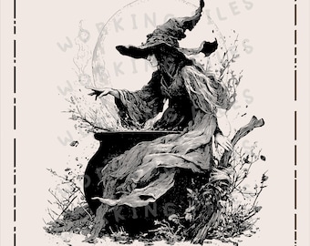 Witch with Cauldron SVG, Halloween Cutting Boards, Laser Engraved Files, Charcuterie Board, Fall Clip art PNG, Laser Ready, Digital Download