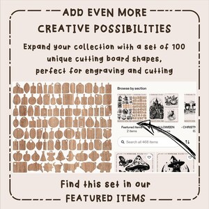 Peut inclure: Ensemble de 100 formes uniques de planches &agrave; d&eacute;couper en bois, parfaites pour la gravure et la d&eacute;coupe. Les planches sont de formes vari&eacute;es, avec du texte indiquant "Add Even More Creative Possibilities" et "Featured Items".