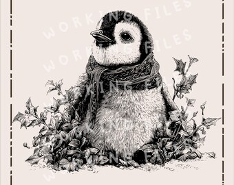 May include: A monochrome illustration of a penguin wearing a scarf, nestled amongst holly. The image includes the text "WORKING FILES" and "HIGH-QUALITY SVG, PNG". The penguin is the main subject, with detailed shading.