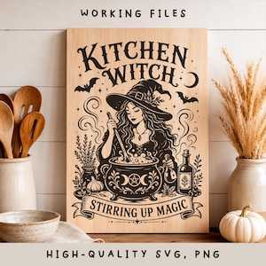 Kitchen Witch SVG, Halloween Cutting Board Design, Spooky Kitchen PNG, Laser Engraving File