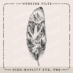 May include: A black and white digital illustration of a feather containing a detailed landscape scene with snow-capped mountains, a cascading waterfall, and a dense pine forest. The text "WORKING FILES" and "HIGH-QUALITY SVG, PNG" is visible.