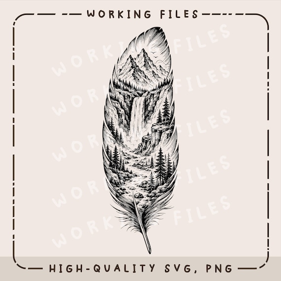 Feather Landscape SVG, Mountain Waterfall PNG Design, Boho Nature Laser Engraving Files