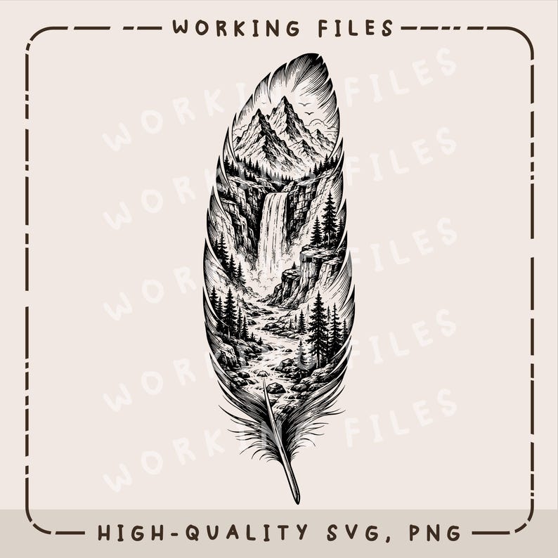 Peut inclure: Une illustration num&eacute;rique en noir et blanc d'une plume contenant un paysage d&eacute;taill&eacute; avec des montagnes enneig&eacute;es, une cascade et une for&ecirc;t de pins dense. Le texte "WORKING FILES" et "HIGH-QUALITY SVG, PNG" est visible.