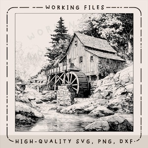 Puede incluir: Ilustración en blanco y negro de un molino de agua en un entorno forestal. El molino presenta una gran rueda hidráulica, una estructura de madera y está rodeado por un río y un terreno rocoso. La imagen incluye el texto "WORKING FILES" y "HIGH-QUALITY SVG, PNG, DXF."