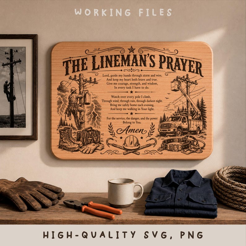 May include: A rectangular wooden plaque featuring the engraved text The Lineman's Prayer, illustrations of a utility worker on a pole, a bucket truck, a hard hat, and tools. The design includes decorative stars, lines, and the word Amen.