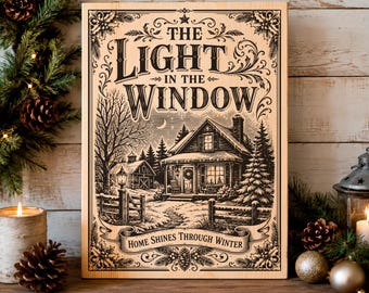 La luz en la ventana SVG, Casa navideña vintage PNG, Archivo de grabado láser de cabaña de invierno, Placa de madera navideña nostálgica
