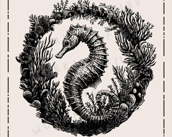 Seahorse and Reef SVG, Ocean Vector Design, Sea Laser Engraver, Clip art PNG, Cutting Boards, Digital Download