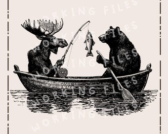 Archivos SVG de amigos pescadores, diseño PNG de oso y alce, archivos para grabado láser.