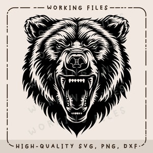 May include: Black and white illustration of a bear's head with its mouth open and teeth showing. The bear has a fierce expression.