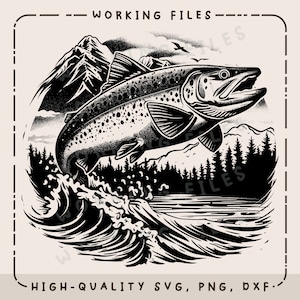 Jumping Trout in Mountain Stream SVG, Fish Vector Design, Fishing SVG, Laser Engraver, Clip art PNG, Cutting Boards, Digital Download
