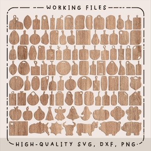 Puede incluir: Una colección de tablas de cortar de madera de varias formas y tamaños. Las tablas son de color marrón claro con vetas de madera visibles. La imagen incluye el texto "WORKING FILES" y "HIGH-QUALITY SVG, DXF, PNG."