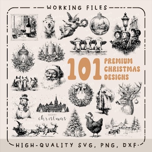 May include: A collection of 101 premium Christmas designs in black and white, including illustrations of Santa Claus, reindeer, angels, and festive scenes. The image includes the text "WORKING FILES" and "HIGH-QUALITY SVG, PNG, DXF."