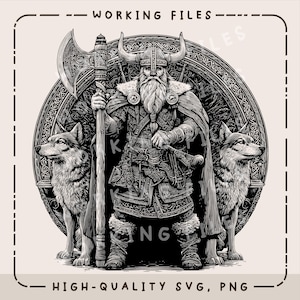 Vikingo con hacha SVG, diseño escandinavo PNG, archivos de grabado láser para Lightburn y Glowforge CNC.
