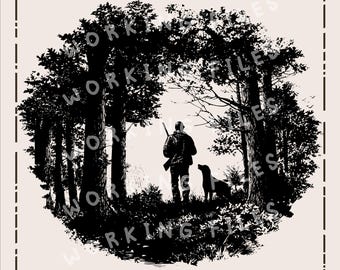 Jäger mit Hund SVG, Laser-Gravur-Dateien, Jagd Clipart PNG, runde Schneidebretter svg