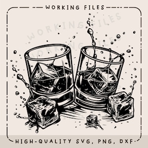 May include: Two black and white illustrations of glasses filled with liquid and ice cubes. The glasses are clinking together and there are splashes of liquid coming from the glasses. There are three ice cubes on the surface below the glasses.