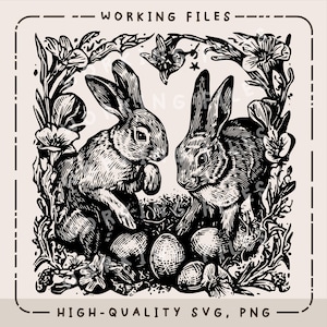 以下が含まれることがあります： 花と卵に囲まれた2匹のウサギの白黒イラスト。上部に「WORKING FILES」、下部に「HIGH-QUALITY SVG, PNG」の文字。木版画のようなスタイル。